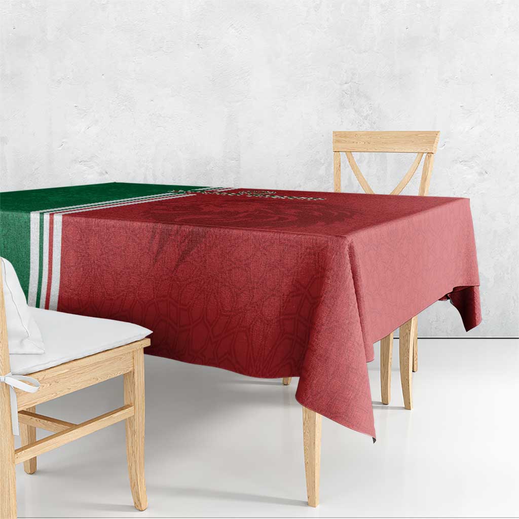Red football tablecloth with green side, white stripe trim, and corner overhang