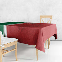 Red football tablecloth with green side, white stripe trim, and corner overhang
