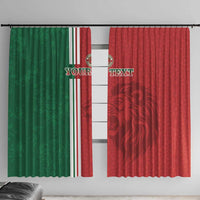 Custom window curtain panels in green and red with vertical stripes and centered text