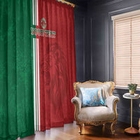 Red and green Moroccan-style window curtain panels with vertical stripes and lion graphic