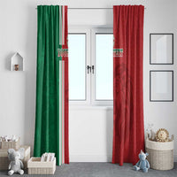Two-tone red and green curtain panels with vertical stripes and custom text for windows