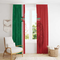 Red and green window curtain set with vertical stripe accents and custom text
