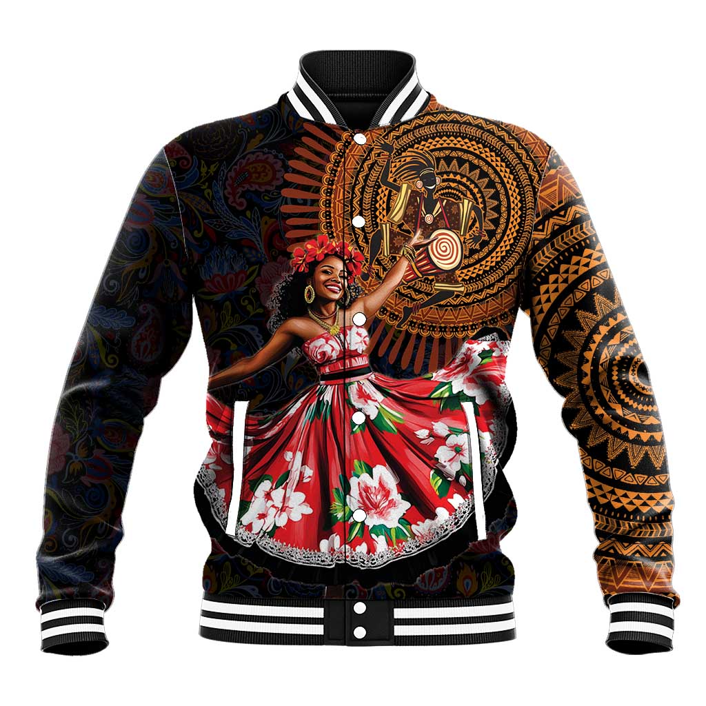 Unisex black varsity baseball jacket with colorful African dancer front graphic