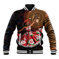 Unisex black varsity baseball jacket with colorful African dancer front graphic