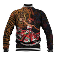 Unisex black varsity baseball jacket with back African dancer and circular emblem print