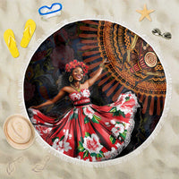 Round beach blanket with black base, colorful tribal and floral print, white fringe edging