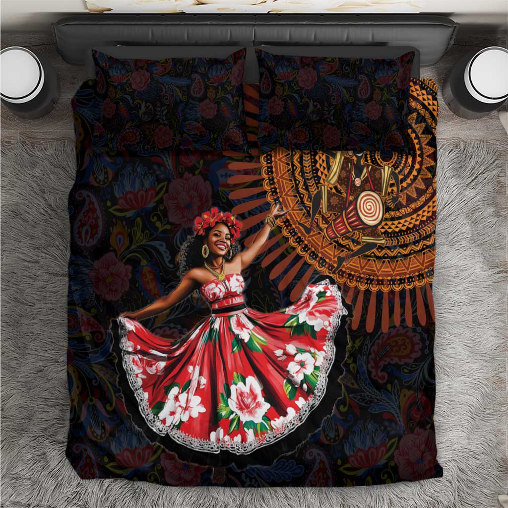 Traditional dance bedding set with navy floral paisley and red floral girl scene on duvet