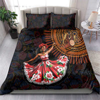 Duvet cover and pillow shams in dark paisley with central traditional dance portrait, red