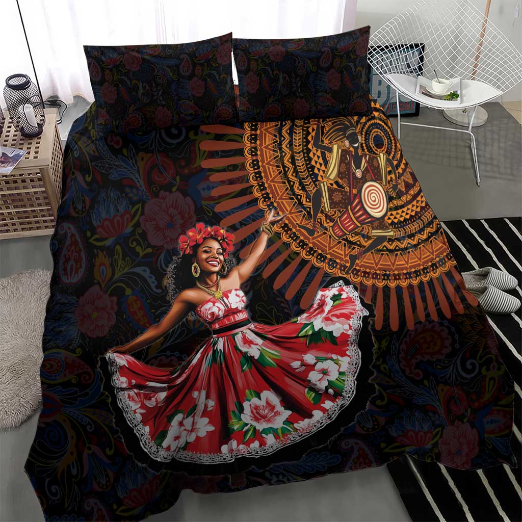 Navy paisley traditional dance bedding set with ornate sunburst pattern and red dress graphic
