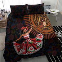 Navy paisley traditional dance bedding set with ornate sunburst pattern and red dress graphic