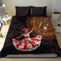 Bed set featuring dark paisley print duvet with red floral dress and gold circular motifs