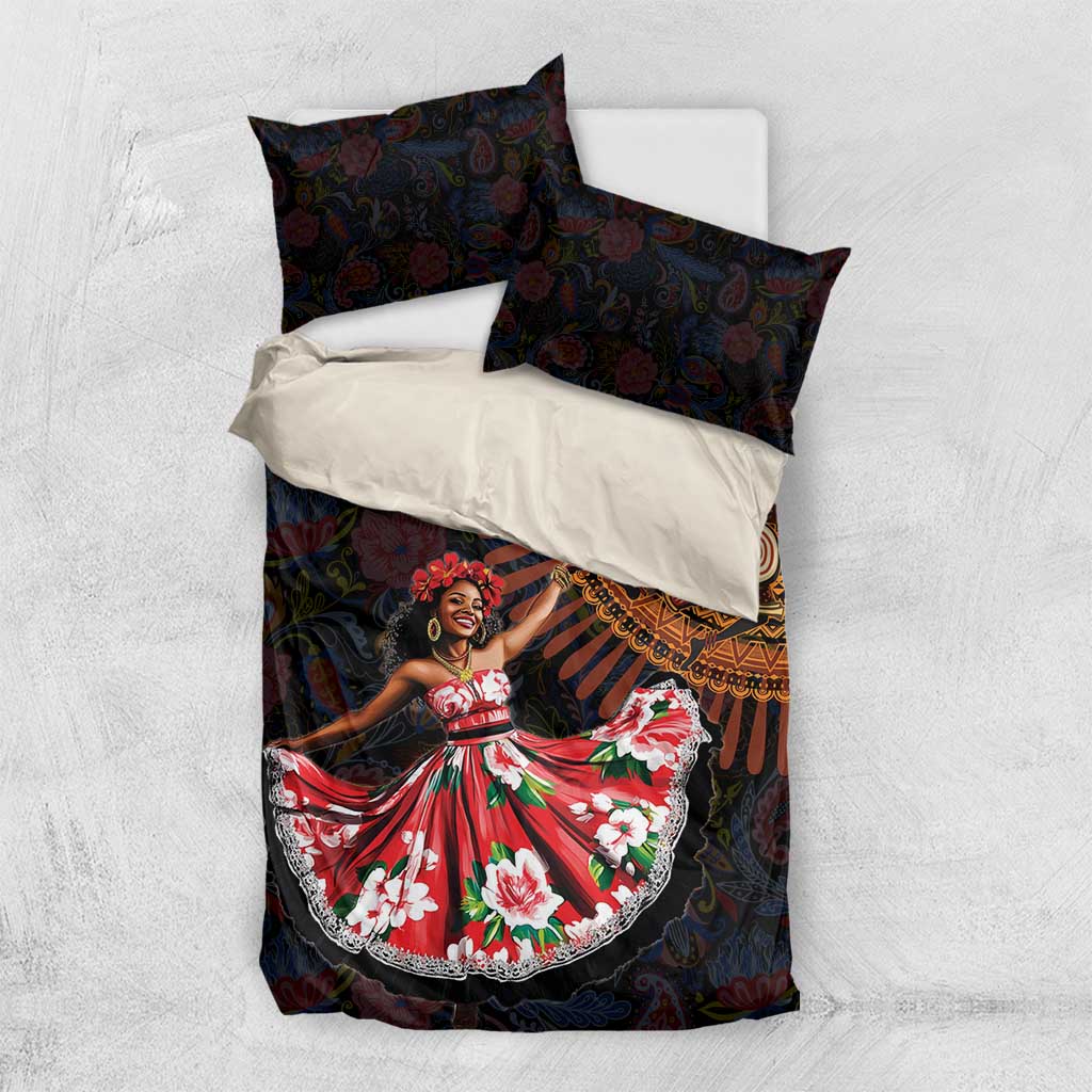 Traditional dance bedding set with dark paisley duvet, matching shams, and red floral figure
