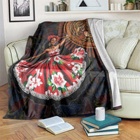 Traditional dance blanket with black base, red floral dress figure, and orange mandala detail