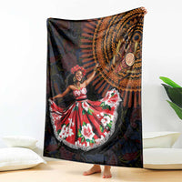 Black traditional dance blanket featuring a red floral dress woman and ornate orange circular pattern
