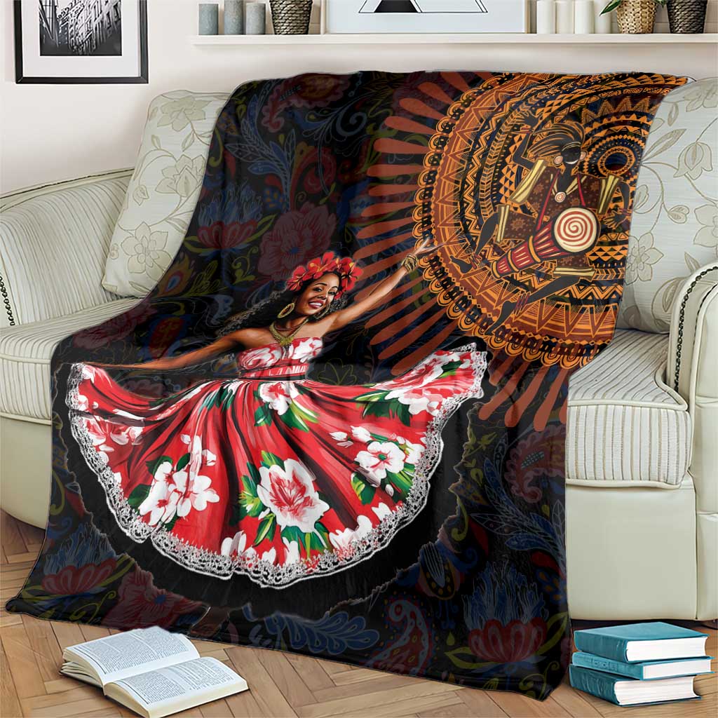 Black dance blanket with red floral dress figure and orange-gold mandala centerpiece