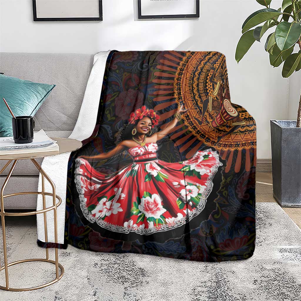 Black patterned dance blanket showing dancer in red floral dress and orange decorative circular panel
