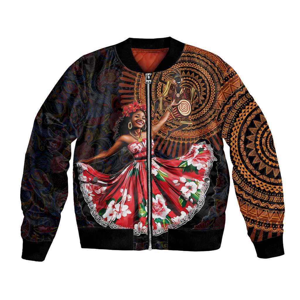 Unisex bomber jacket with front zipper, black base, dancer graphic, paisley and floral pattern