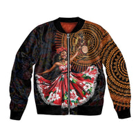 Unisex bomber jacket with front zipper, black base, dancer graphic, paisley and floral pattern