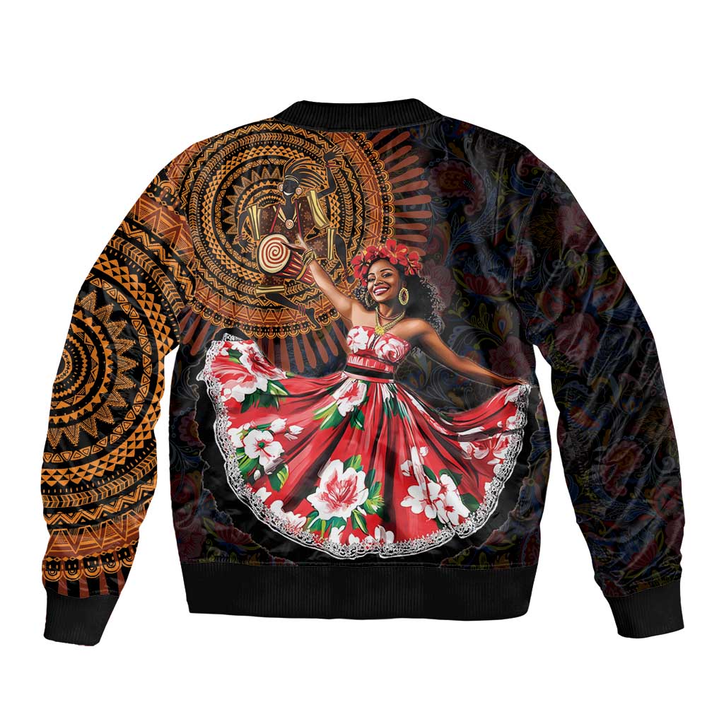 Unisex bomber jacket with back zipper, black base, large dancer graphic, paisley and floral pattern
