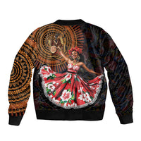 Unisex bomber jacket with back zipper, black base, large dancer graphic, paisley and floral pattern