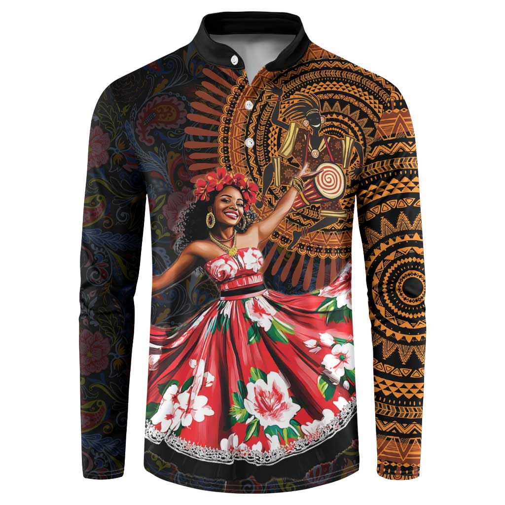 Black button-front sweatshirt with colorful African dance graphic and paisley patterns