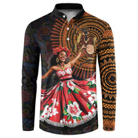 Black button-front sweatshirt with colorful African dance graphic and paisley patterns