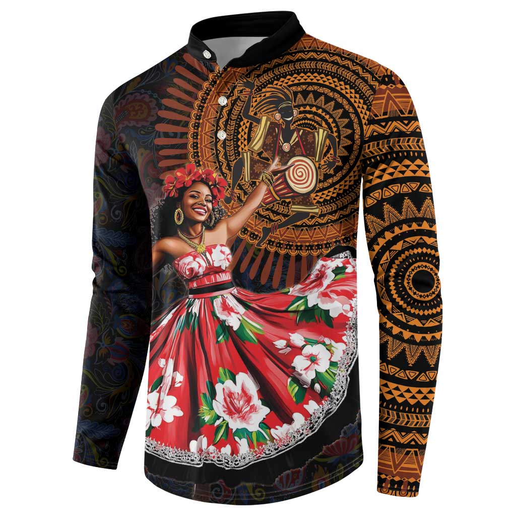 Black button-front sweatshirt with central dancer print and orange geometric sleeve panels