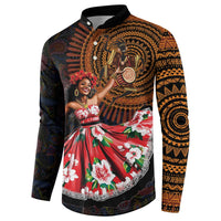 Black button-front sweatshirt with central dancer print and orange geometric sleeve panels