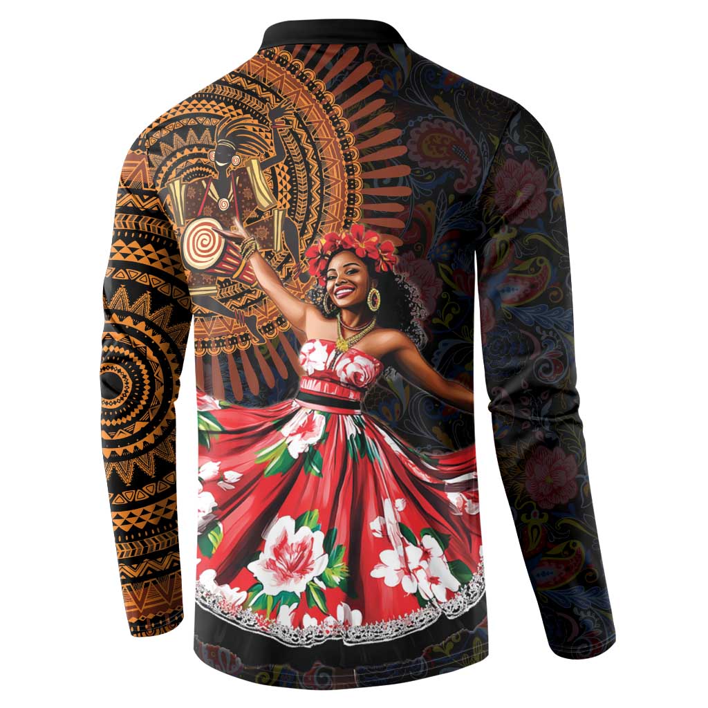 Black button-front sweatshirt with back medallion dancer print and ornate paisley motifs