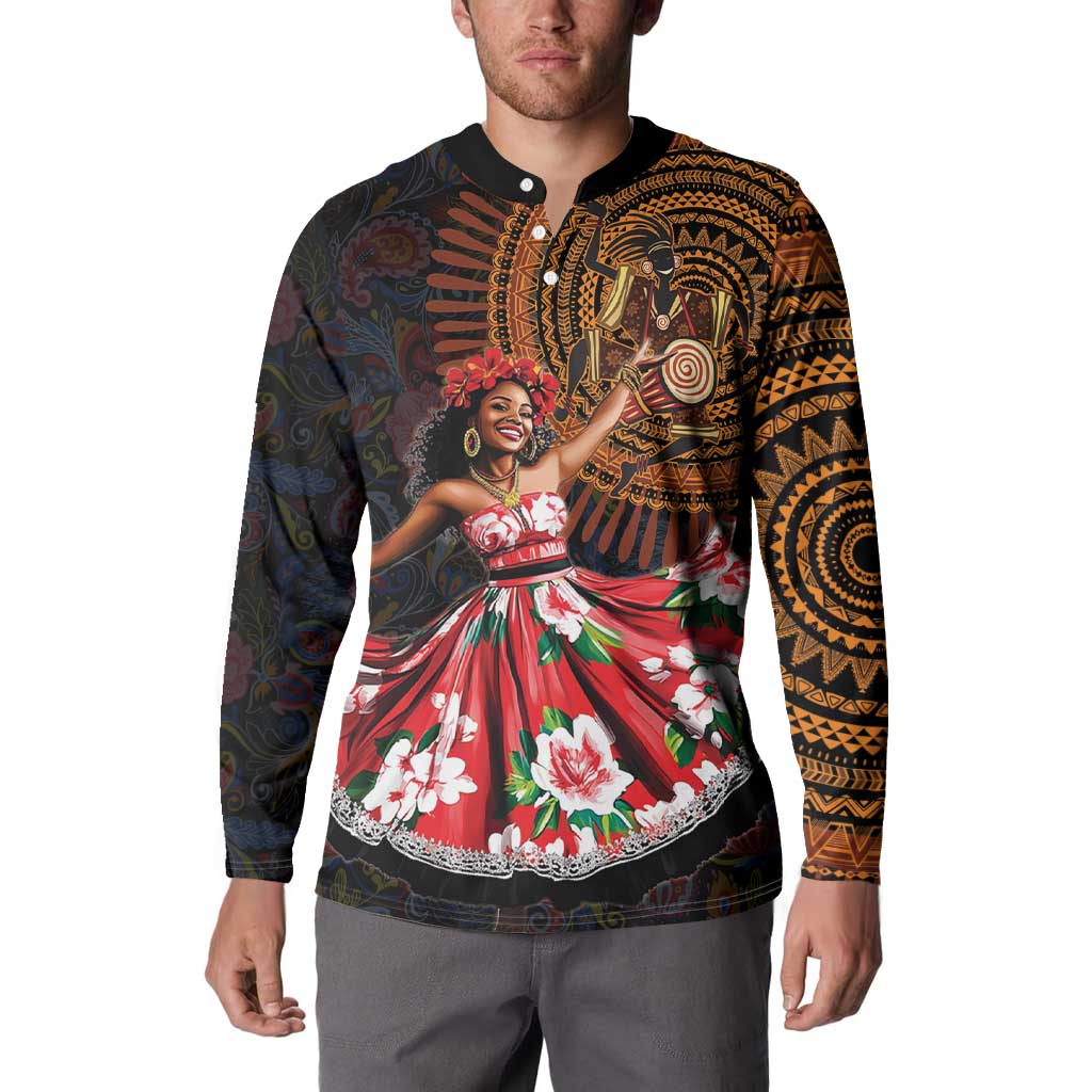 Black button-front sweatshirt with dancer graphic across chest and long patterned sleeves