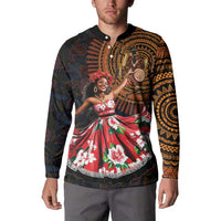 Black button-front sweatshirt with dancer graphic across chest and long patterned sleeves