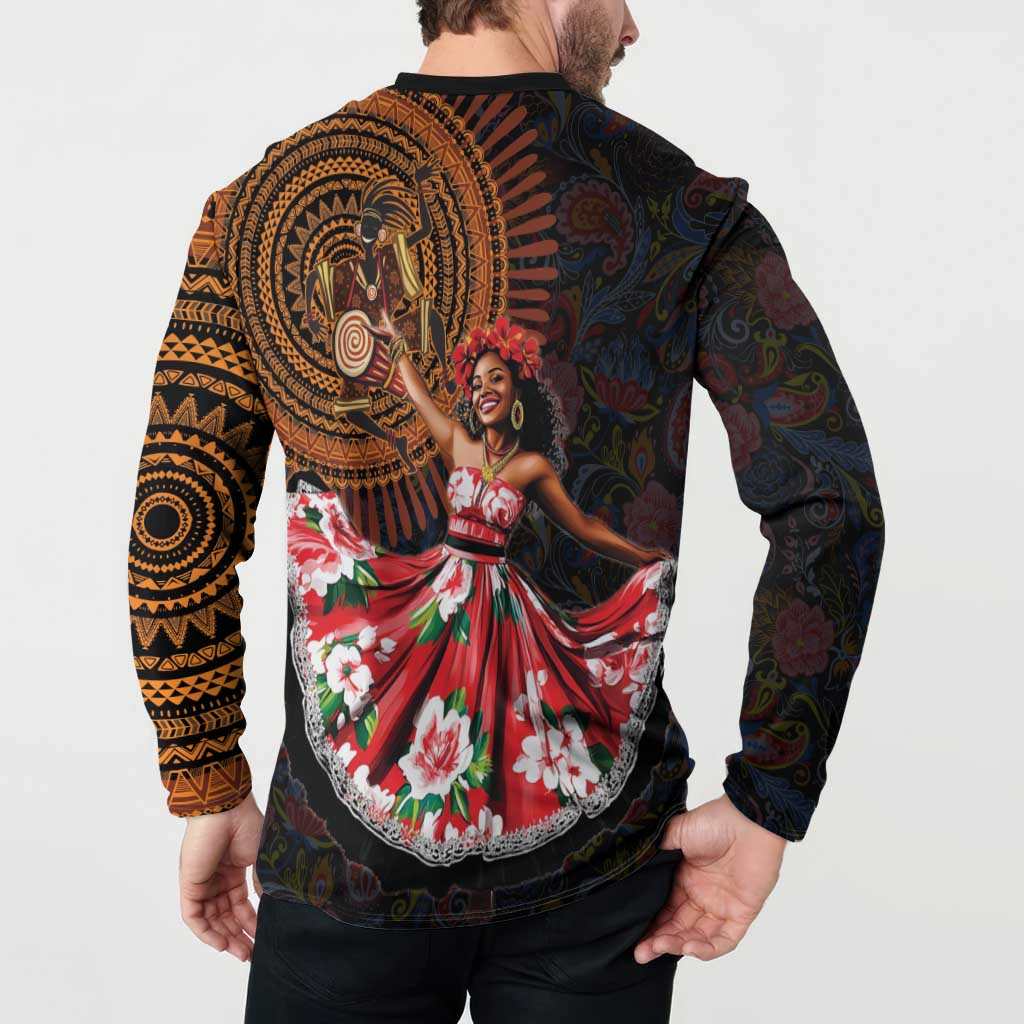 Black button-front sweatshirt with back dancer medallion print and spiral paisley design