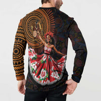 Black button-front sweatshirt with back dancer medallion print and spiral paisley design
