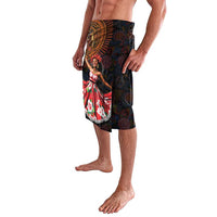 Knee-length sarong skirt with African paisley print and red floral front, side view