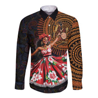 Dark long-sleeve button shirt with colorful dancer artwork and paisley mix print