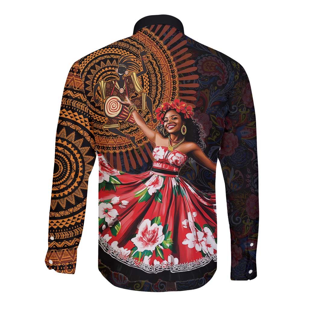 Dark long-sleeve button shirt, back view, colorful dancer graphic with paisley mix print