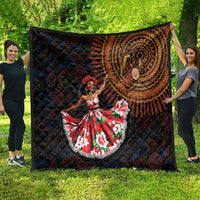 Traditional dance quilt draped outdoor view, circular paisley medallion and dancer print
