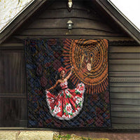 Traditional dance quilt hanging like a backdrop, paisley medallion and dancer figure