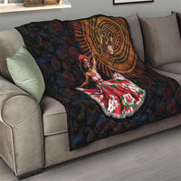 Traditional dance quilt on sofa, paisley medallion and red floral dancer motif