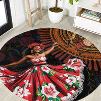 Round black area rug with colorful African dance motif and red floral dress pattern