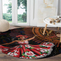 Round black floor rug with African dancer artwork and red, green, and white floral accents
