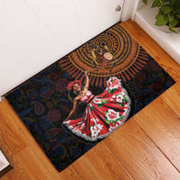 Sega rubber doormat with black paisley print, dancer in red-and-white floral skirt, gold design