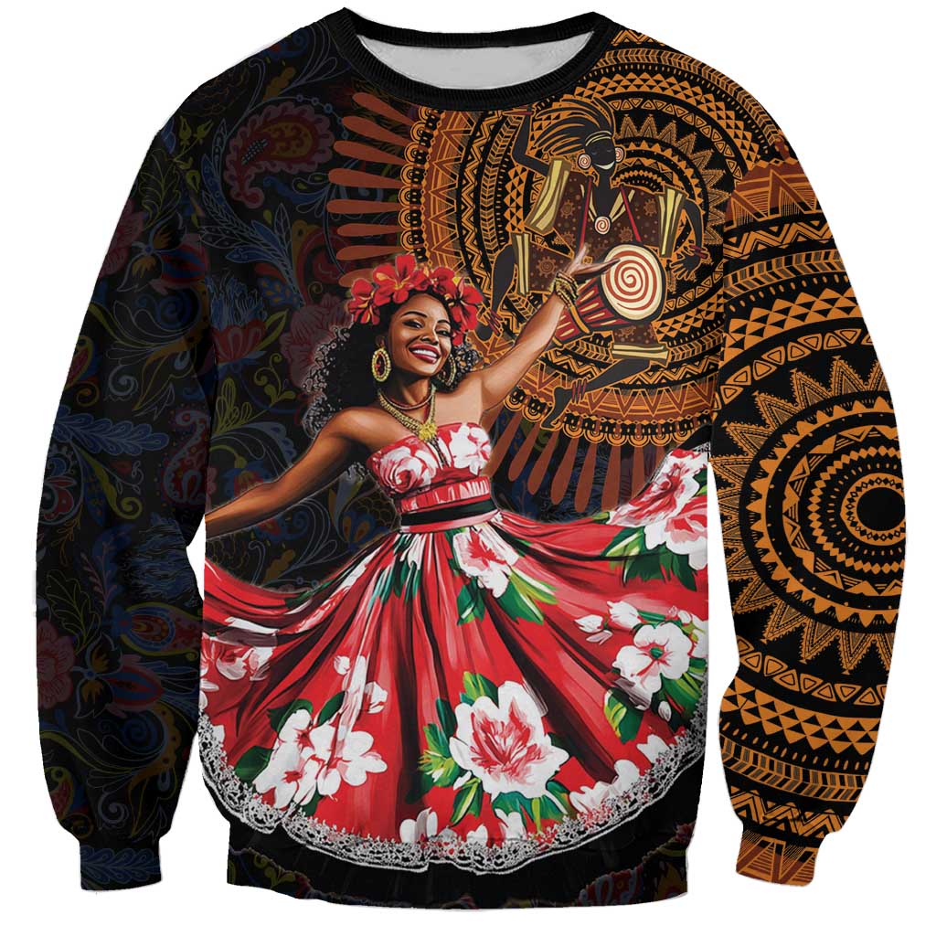 Unisex black sweatshirt with colorful African dancer and floral skirt graphic, full sleeves