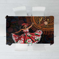 Dark paisley African pattern tablecloth with ornate central motif and colorful dancers