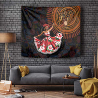 Traditional dance tapestry wall hanging with dark paisley pattern, dancer in red floral dress