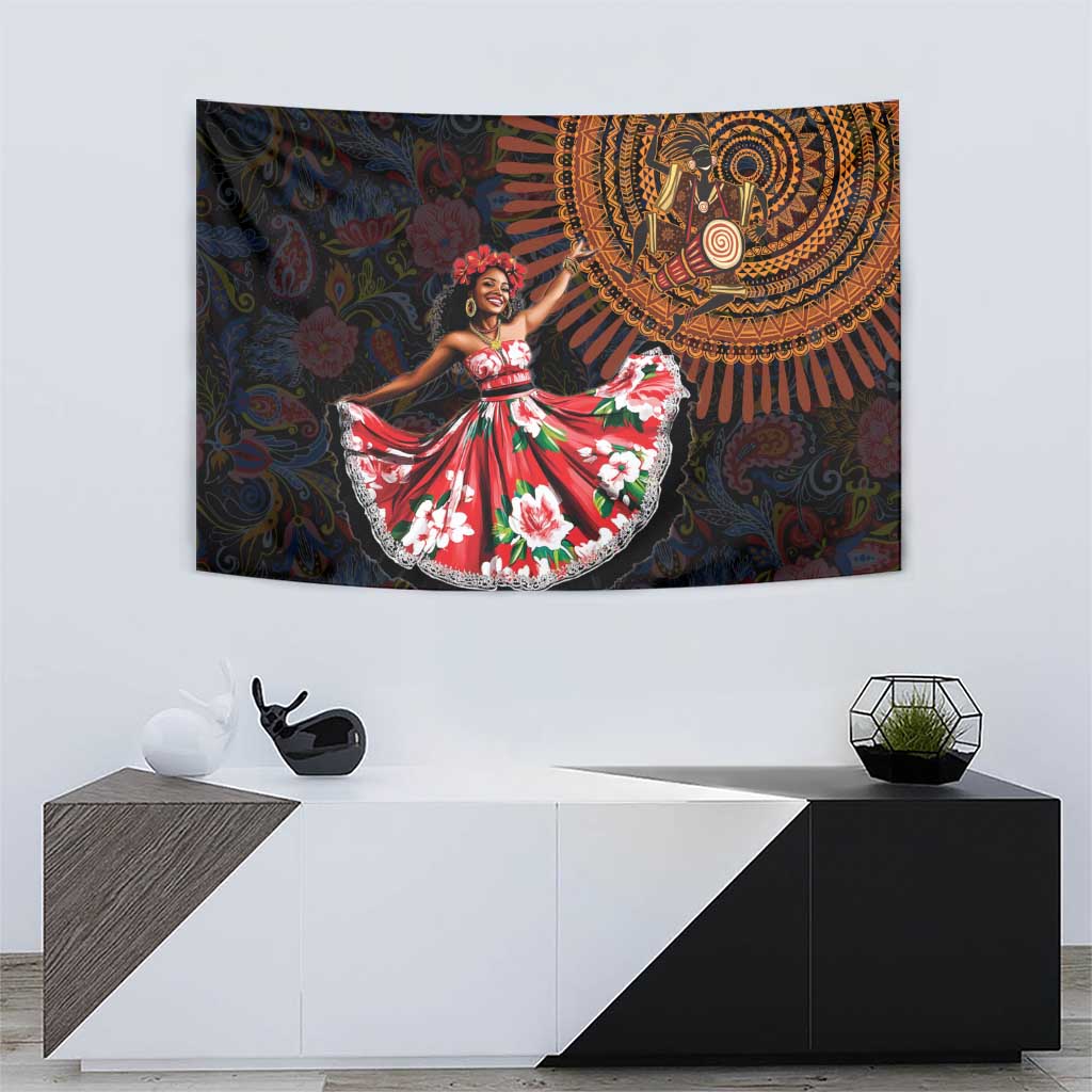 Rectangular tapestry wall art with ornate orange mandala and dancer in red floral skirt
