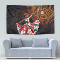 Traditional dance tapestry featuring dark paisley, orange mandala, and dancer in red dress