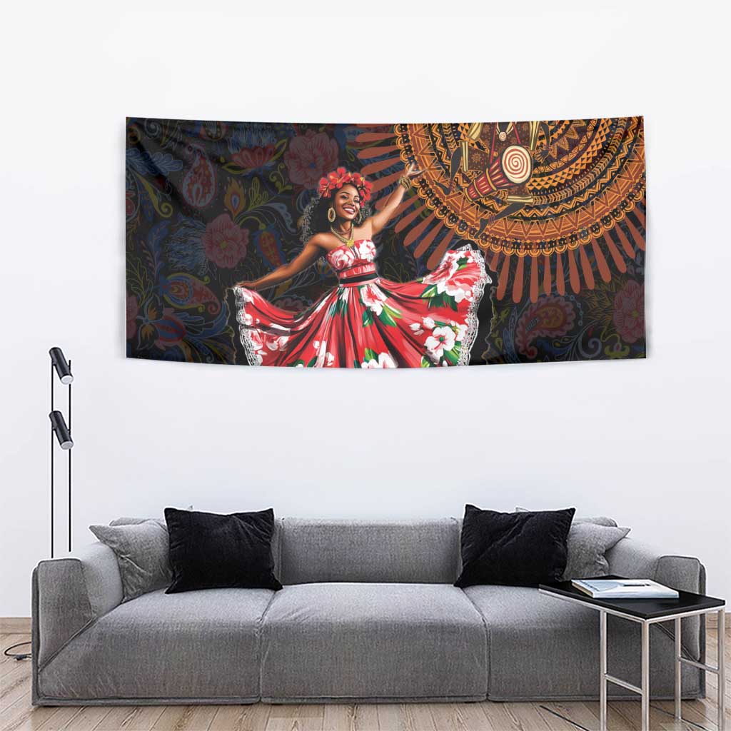 Decorative wall tapestry with dark patterned background and red floral dancer figure