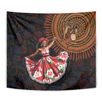 Close-up view of tapestry with dark paisley, orange mandala, and dancer in red floral attire
