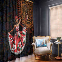Black window curtain panel with African dancer in red dress and orange mandala medallion
